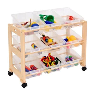 עגלת חומרי יצירה 9 מיכלי אחסון פלסטיק שקוף . שלד עץ בוק | Solid Beech